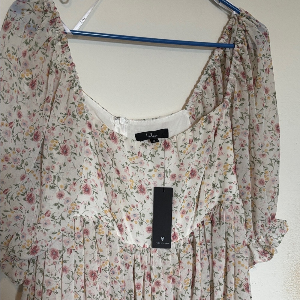 Lulu's Cream Floral Midi Dress with Pink and Yellow Blooms